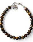 Zilveren herenarmband Ian met 6mm natuursteenkralen Tijgeroog, aan de sluiting hangt een zilveren naambedel