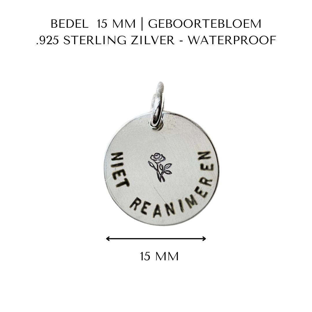 Niet reanimeren penning met geboortebloem | 15 mm | .925 STERLING ZILVER - Kleine Zus