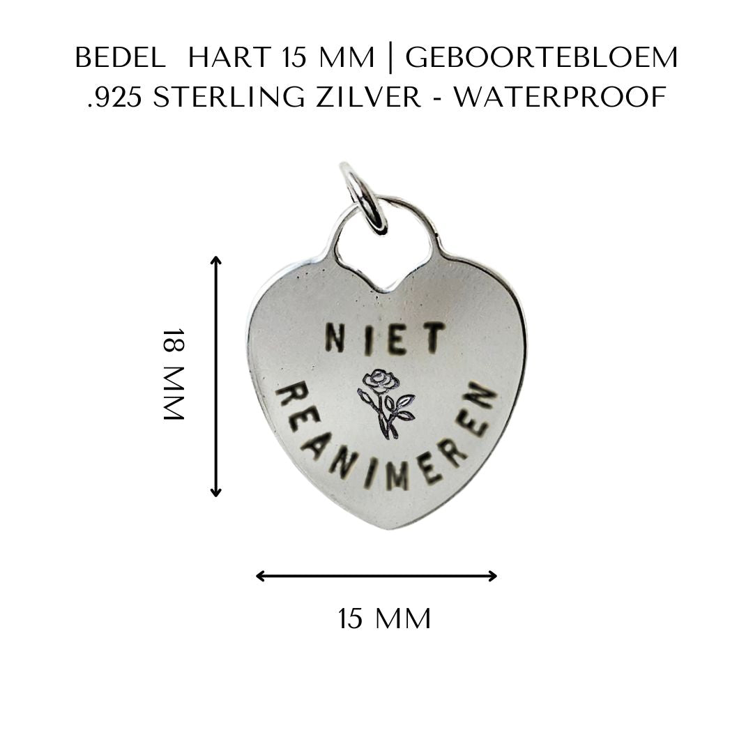 Niet reanimeren penning met geboortebloem | hart 15 mm | .925 STERLING ZILVER - Kleine Zus
