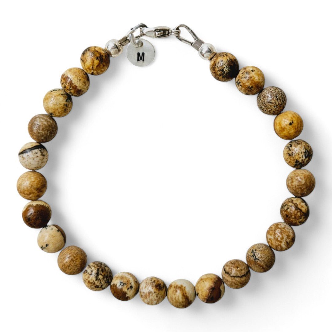 Herenarmband zilver james met 6mm natuursteenkralen picture Jaspis, aan de sluiting hangt een zilveren initiaalbedel van 6mm
