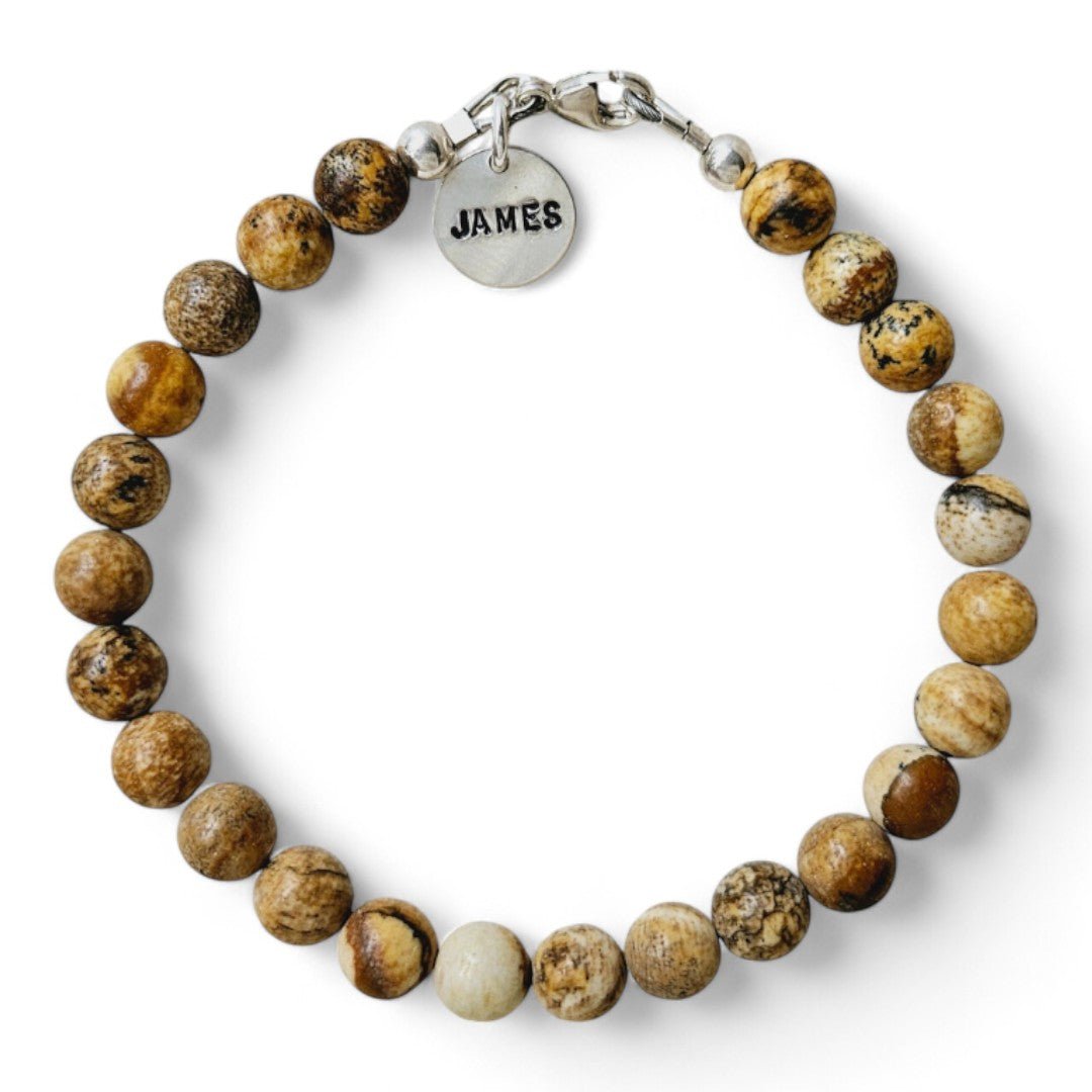 Armband heren zilver James met 6mm natuursteenkralen picture Jaspis, aan de sluiting hangt een zilveren naambedel van 10mm