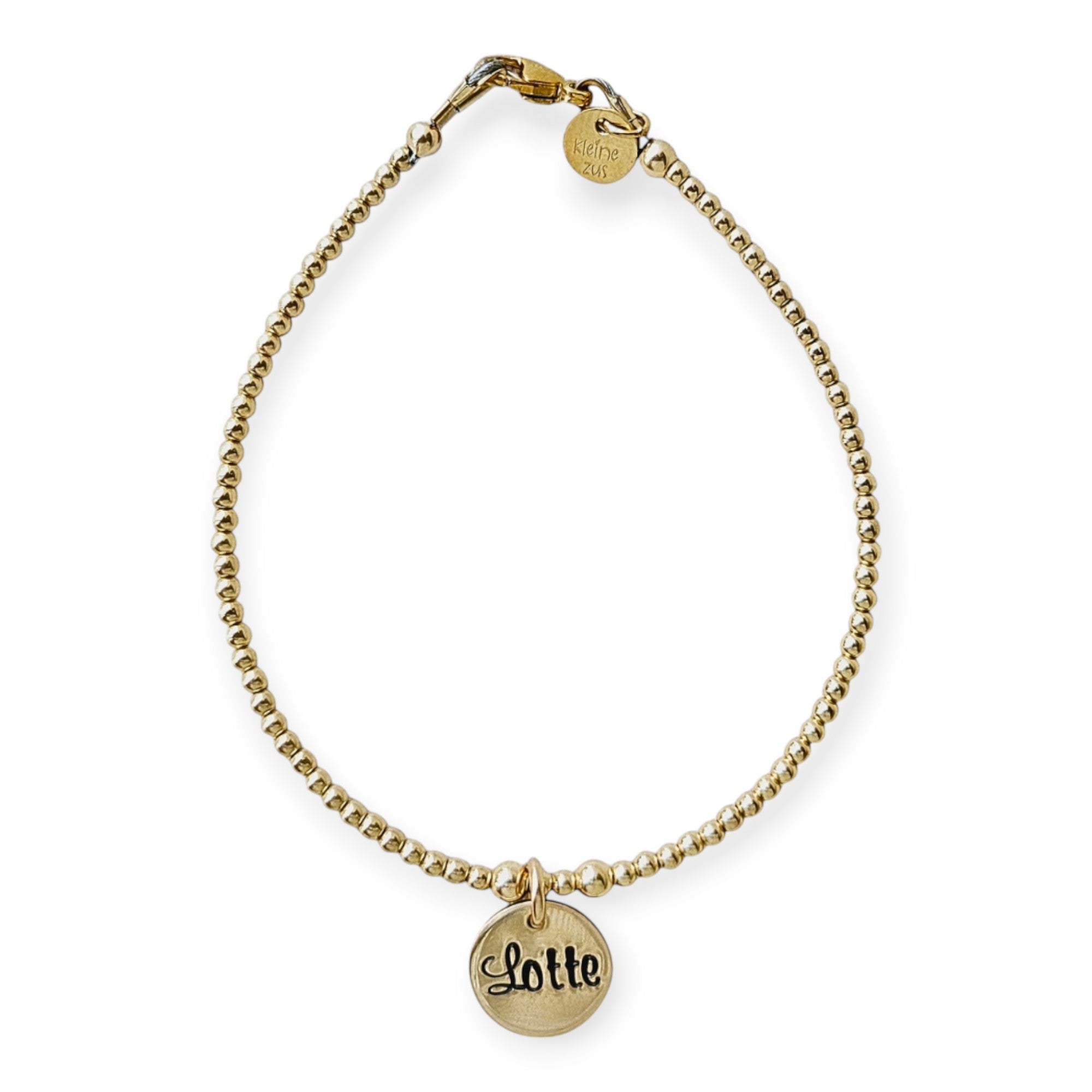 Armband met naam dames goud Lieve
2mm kraaltjes met in het midden een gouden naambedel van 10mm